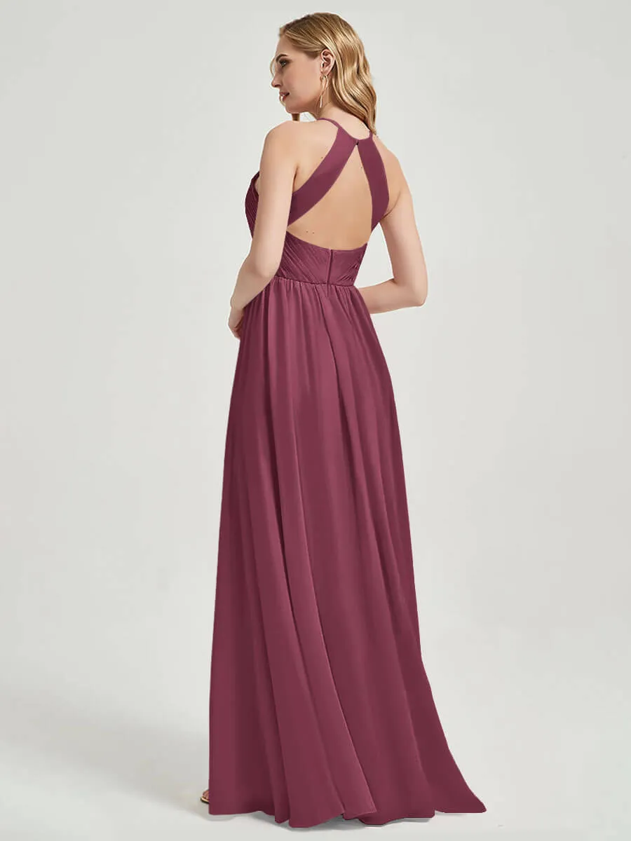 Mulberry Halter Pleated Keyhole Back Chiffon Maxi Bridesmaid Dress