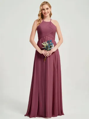Mulberry Halter Pleated Keyhole Back Chiffon Maxi Bridesmaid Dress