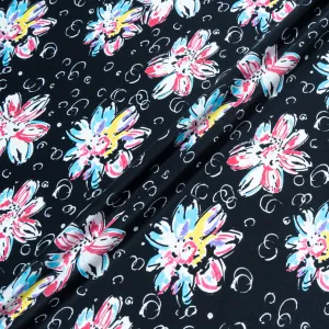 Multi Floral Printed Black Silk Satin