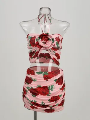 New Summer Floral Print Cropped Top Mini Skirt