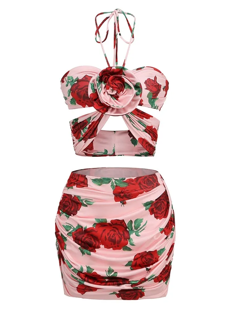 New Summer Floral Print Cropped Top Mini Skirt
