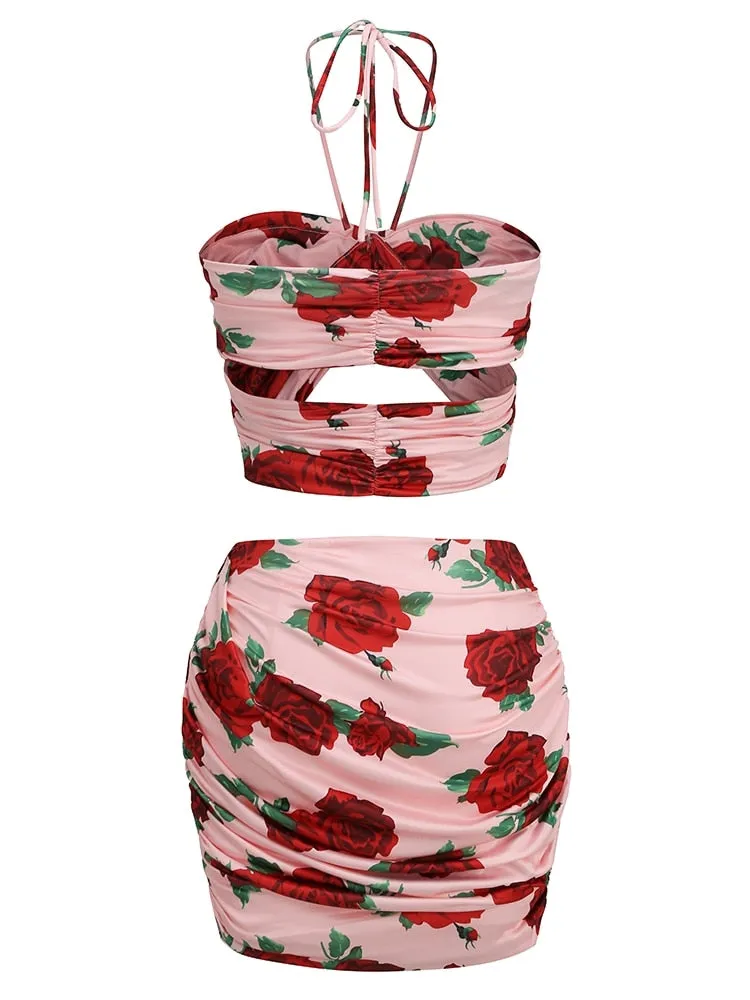 New Summer Floral Print Cropped Top Mini Skirt