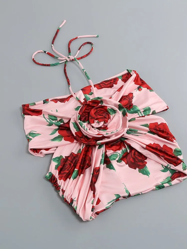 New Summer Floral Print Cropped Top Mini Skirt