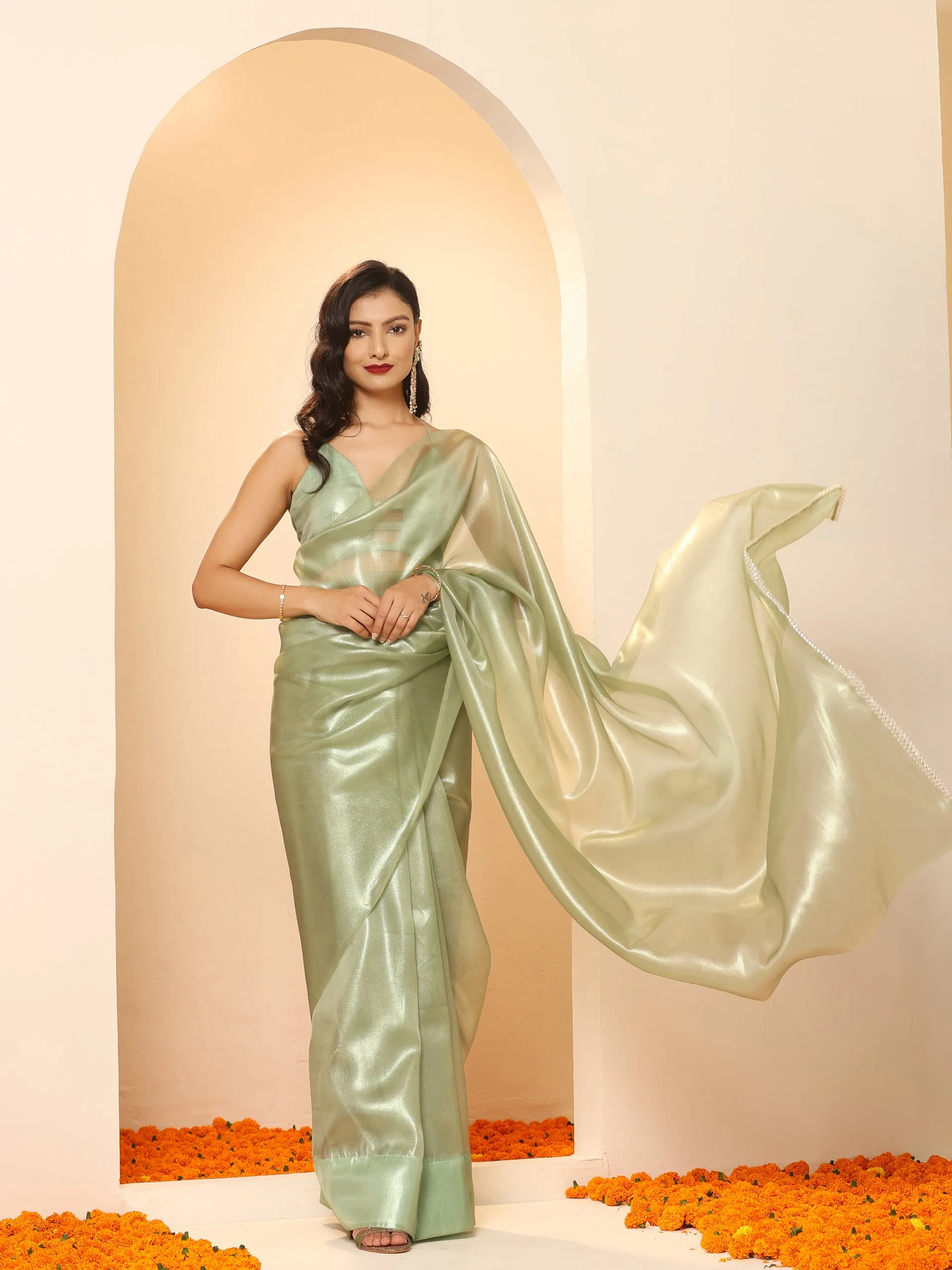 Newly Minted Green Gold Organza Saree