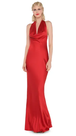 Norma Kamali Halter Drape Bias Gown tiger red