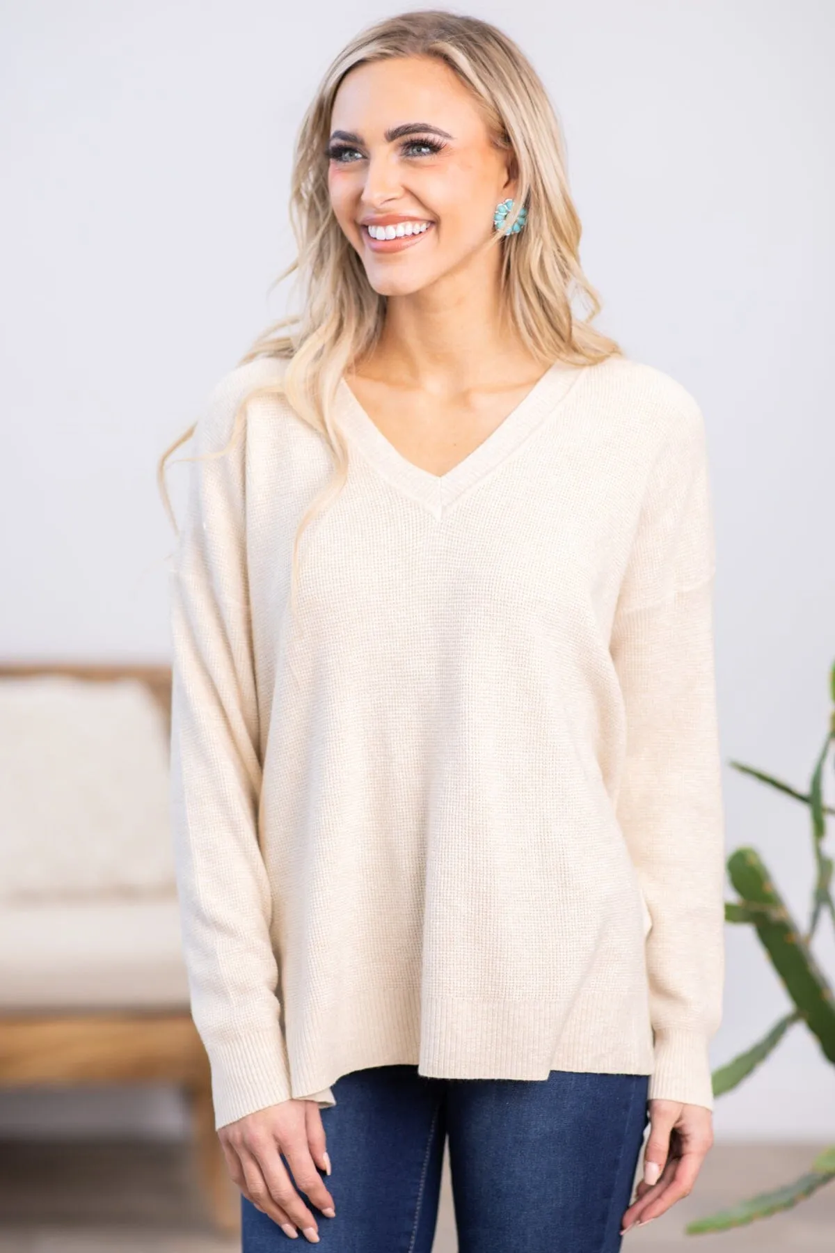 Oatmeal Drop Shoulder Lightweight Sweater