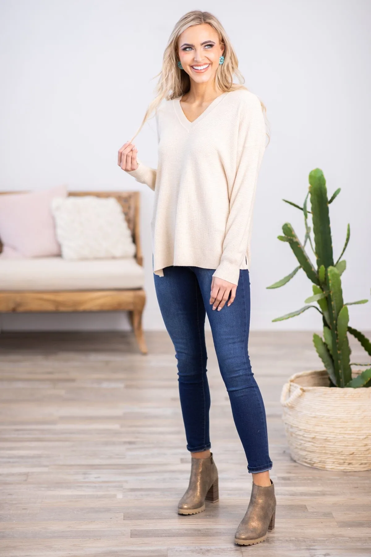Oatmeal Drop Shoulder Lightweight Sweater