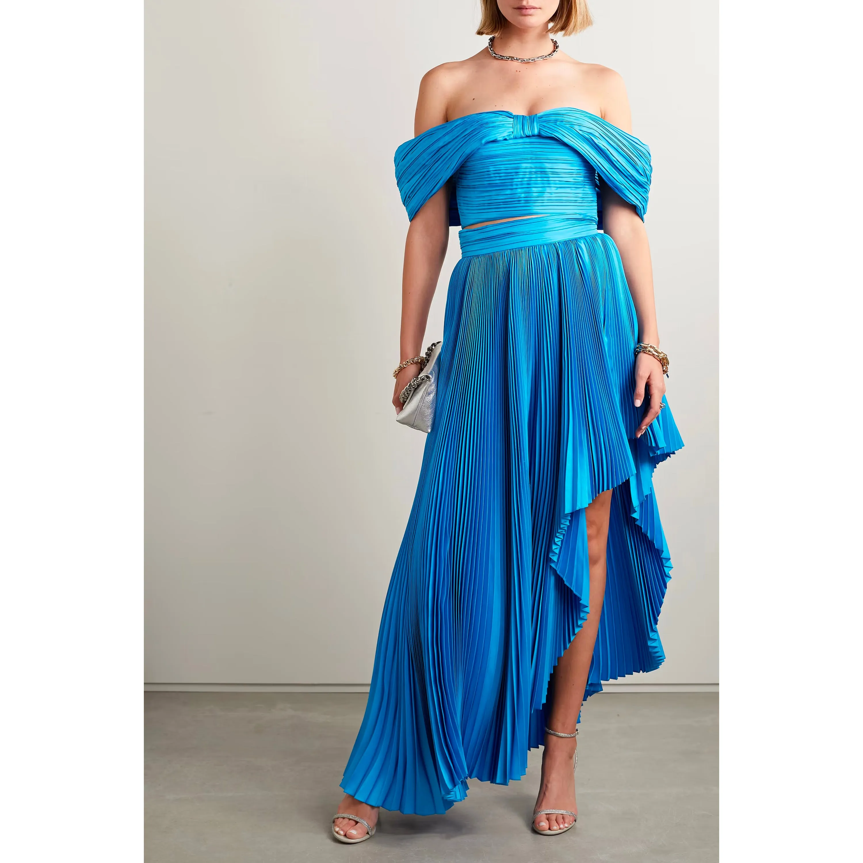 Off-The-Shoulder Plissé Silk-Charmeuse Bustier Top