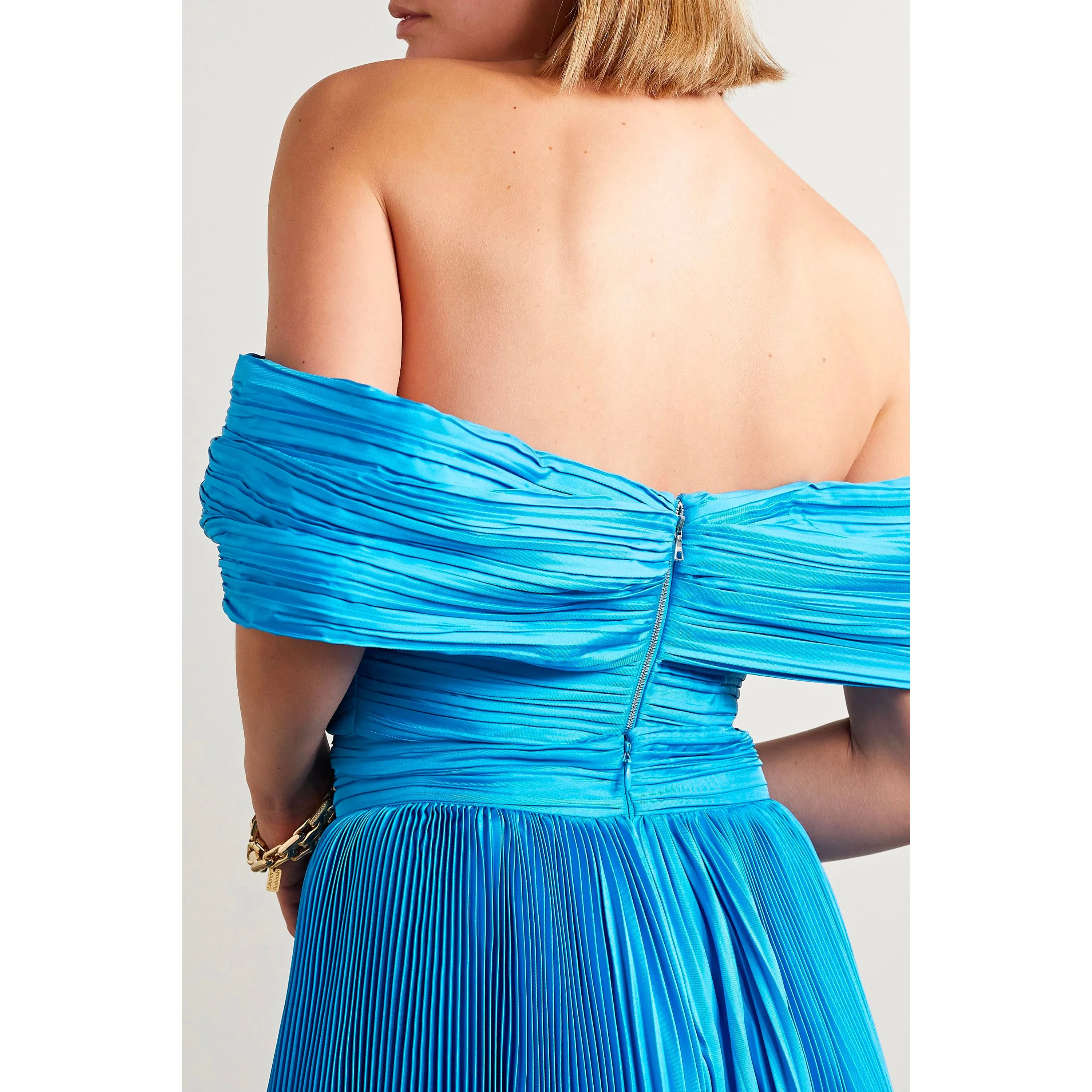 Off-The-Shoulder Plissé Silk-Charmeuse Bustier Top