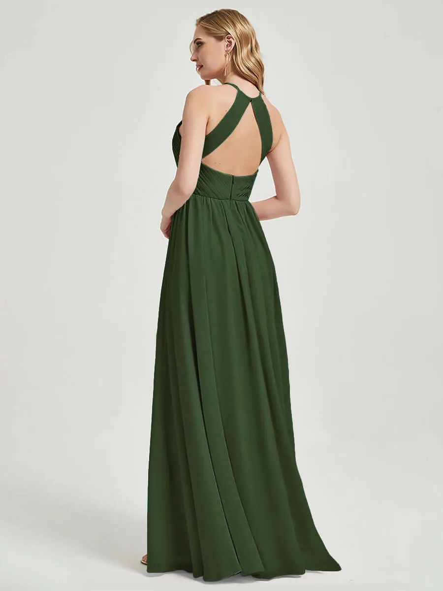 Olive Halter Pleated Keyhole Back Chiffon Floor Length Bridesmaid Dress