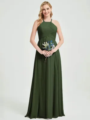 Olive Halter Pleated Keyhole Back Chiffon Floor Length Bridesmaid Dress