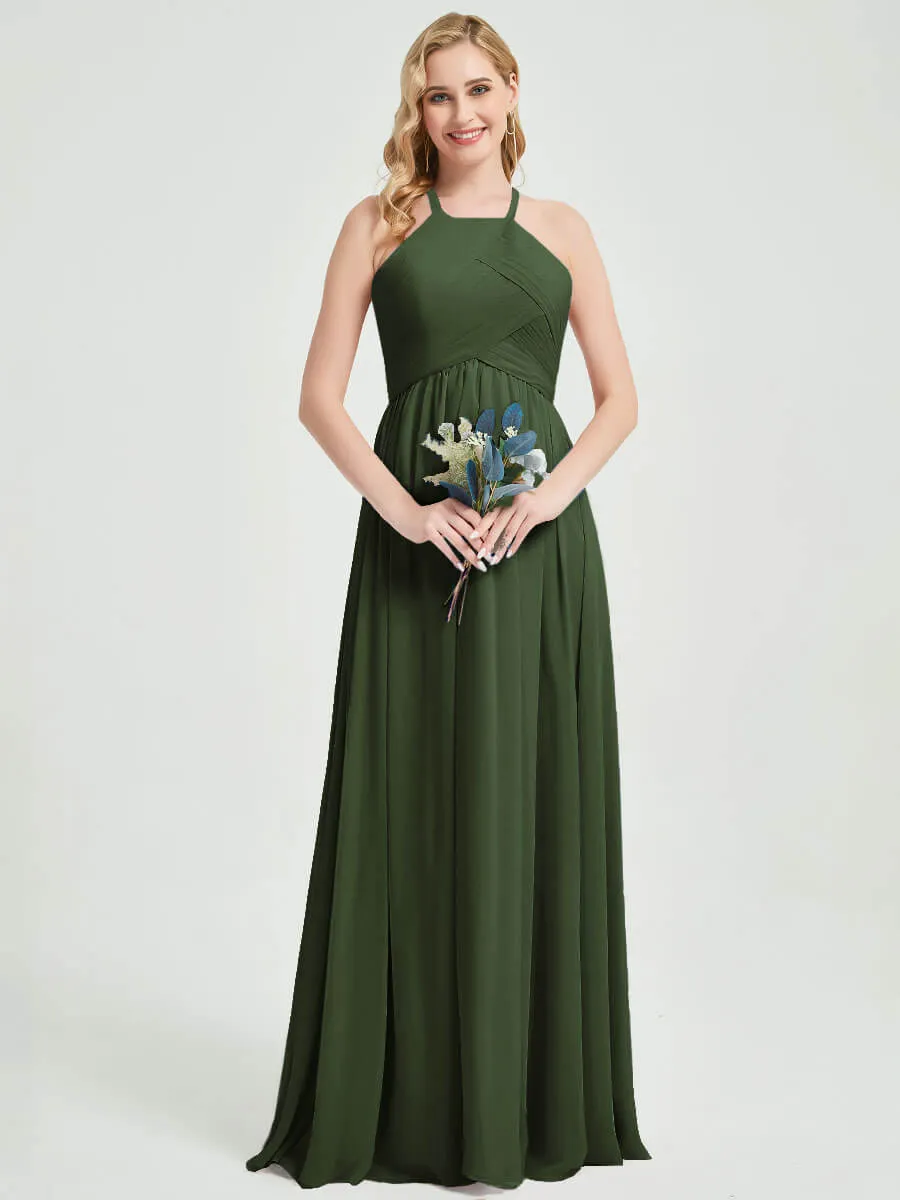Olive Halter Pleated Keyhole Back Chiffon Floor Length Bridesmaid Dress