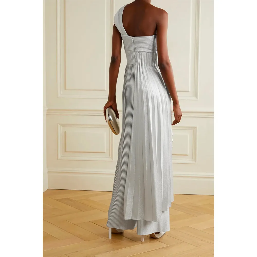 One-Shoulder Pleated Metallic Silk-Blend Crepe Jumpsuit