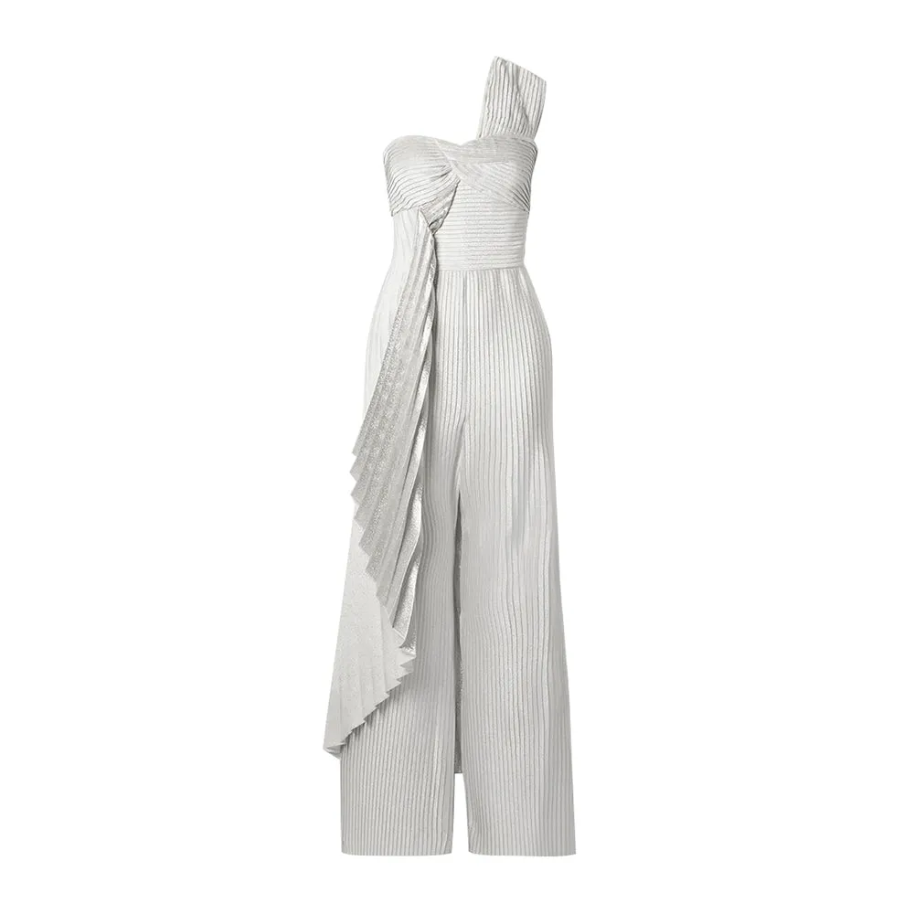 One-Shoulder Pleated Metallic Silk-Blend Crepe Jumpsuit
