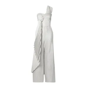 One-Shoulder Pleated Metallic Silk-Blend Crepe Jumpsuit