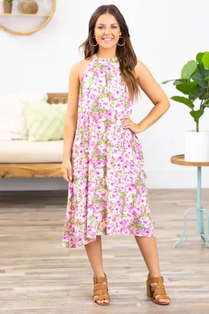 Orchid and Green Floral Halter Neck Dress