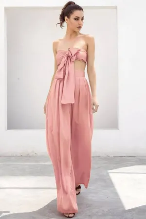 Pale Pink Strapless Tie Front High Waist Wide Leg Jumpsuit Pants Set