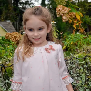 Peach Floral Edge Dress with Bow and Lace Trim