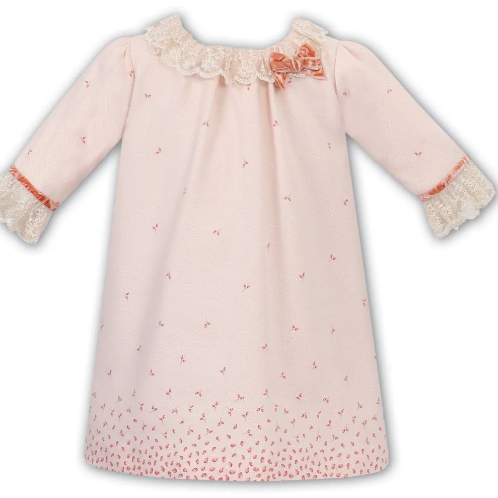 Peach Floral Edge Dress with Bow and Lace Trim