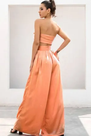 Peach Orange Strapless Tie Front Wide Leg Pants Jumpsuit Set
