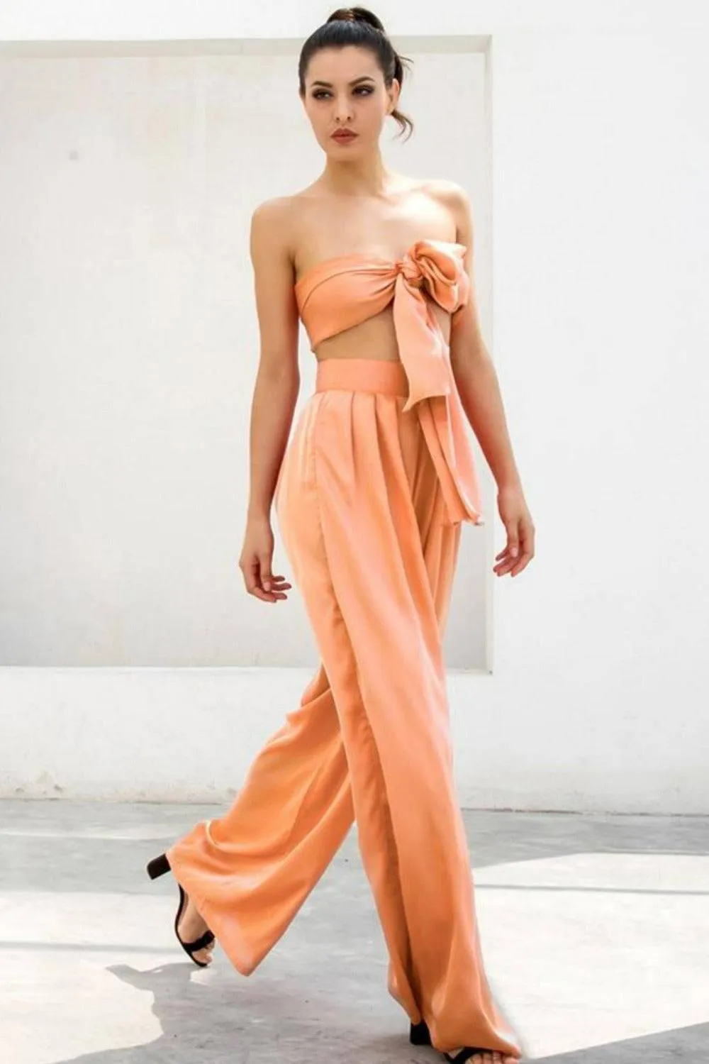 Peach Orange Strapless Tie Front Wide Leg Pants Jumpsuit Set