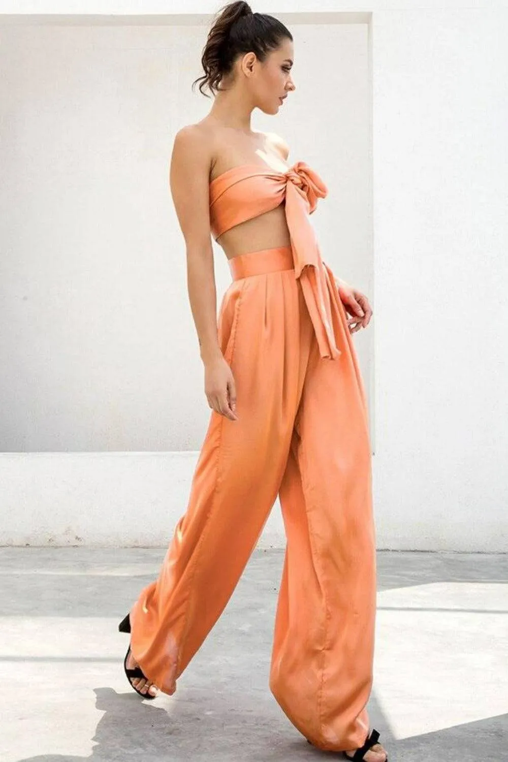 Peach Orange Strapless Tie Front Wide Leg Pants Jumpsuit Set