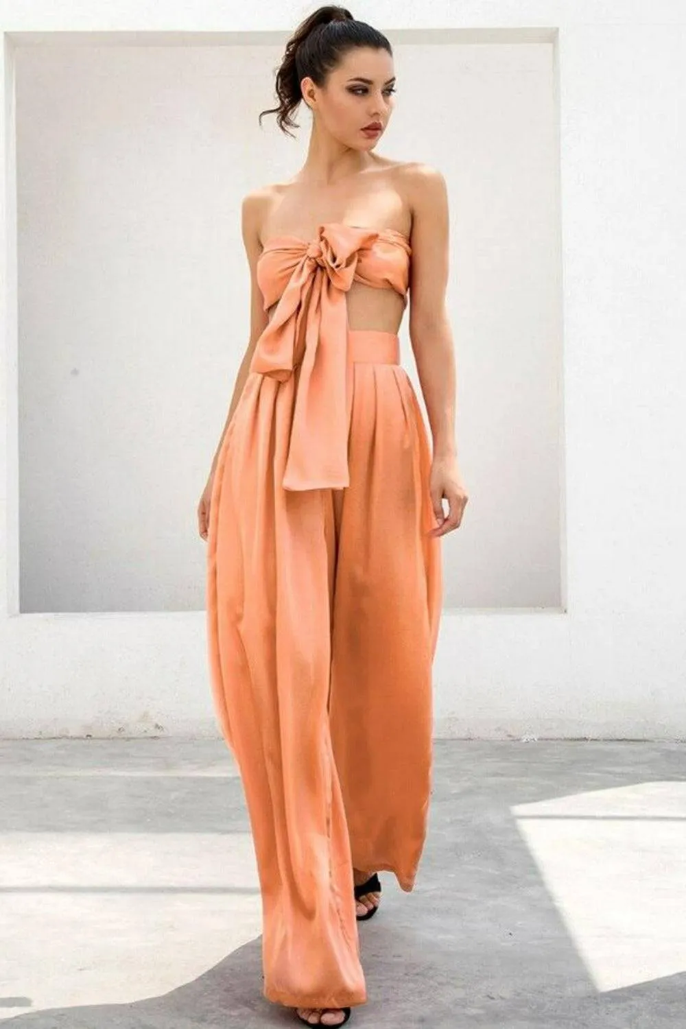 Peach Orange Strapless Tie Front Wide Leg Pants Jumpsuit Set