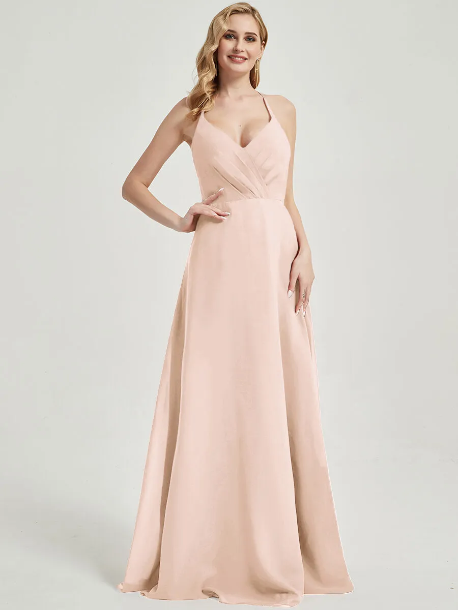Pearl Pink Pleated Halter V-Neck Backless Maxi Chiffon Bridesmaid Dress