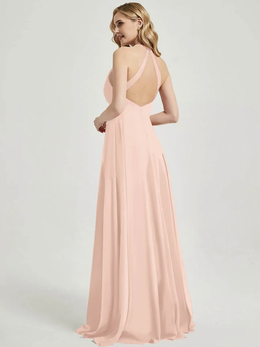 Pearl Pink Pleated Halter V-Neck Backless Maxi Chiffon Bridesmaid Dress