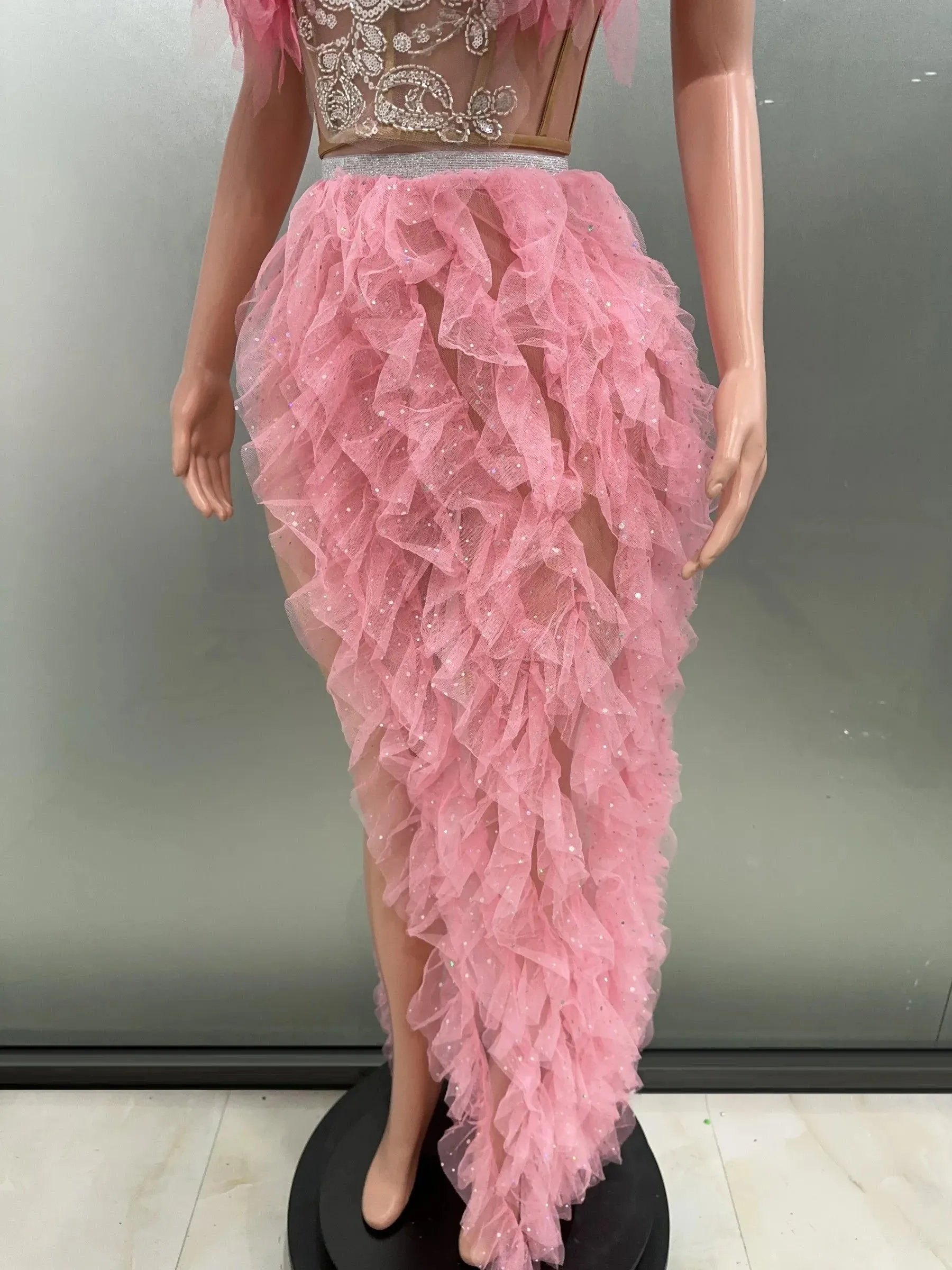 Pink Ruffles Sexy Strapless Mini Tops Two-Pieces Set Dress