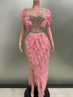 Pink Ruffles Sexy Strapless Mini Tops Two-Pieces Set Dress