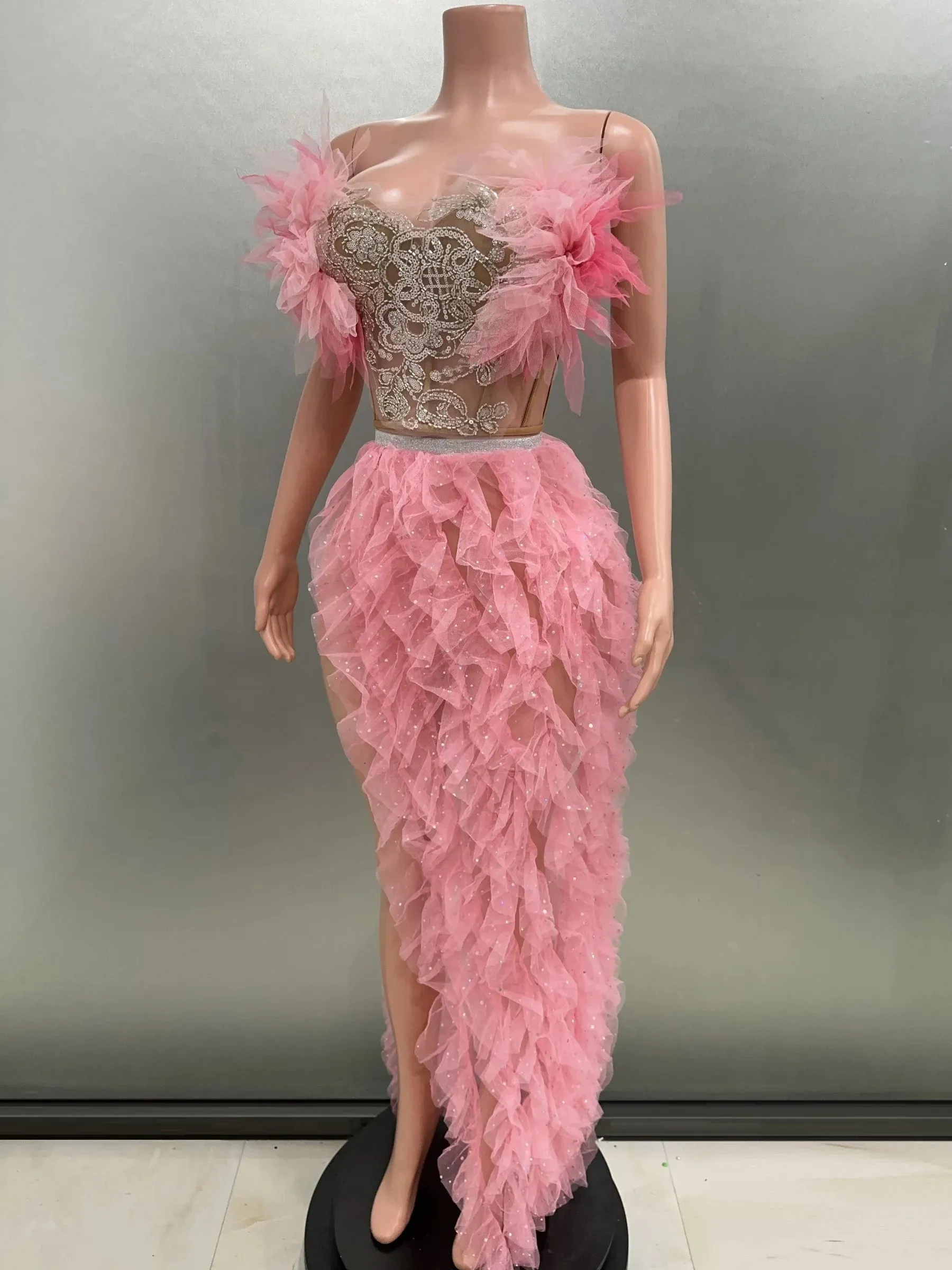 Pink Ruffles Sexy Strapless Mini Tops Two-Pieces Set Dress