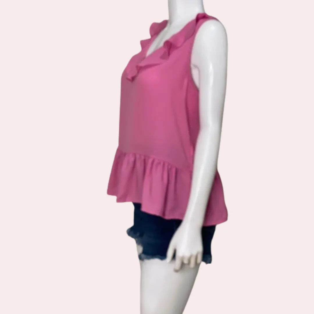 Pink top with ruffle hem and neckline
