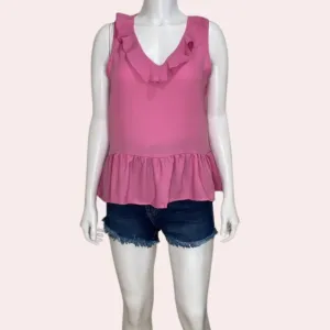 Pink top with ruffle hem and neckline