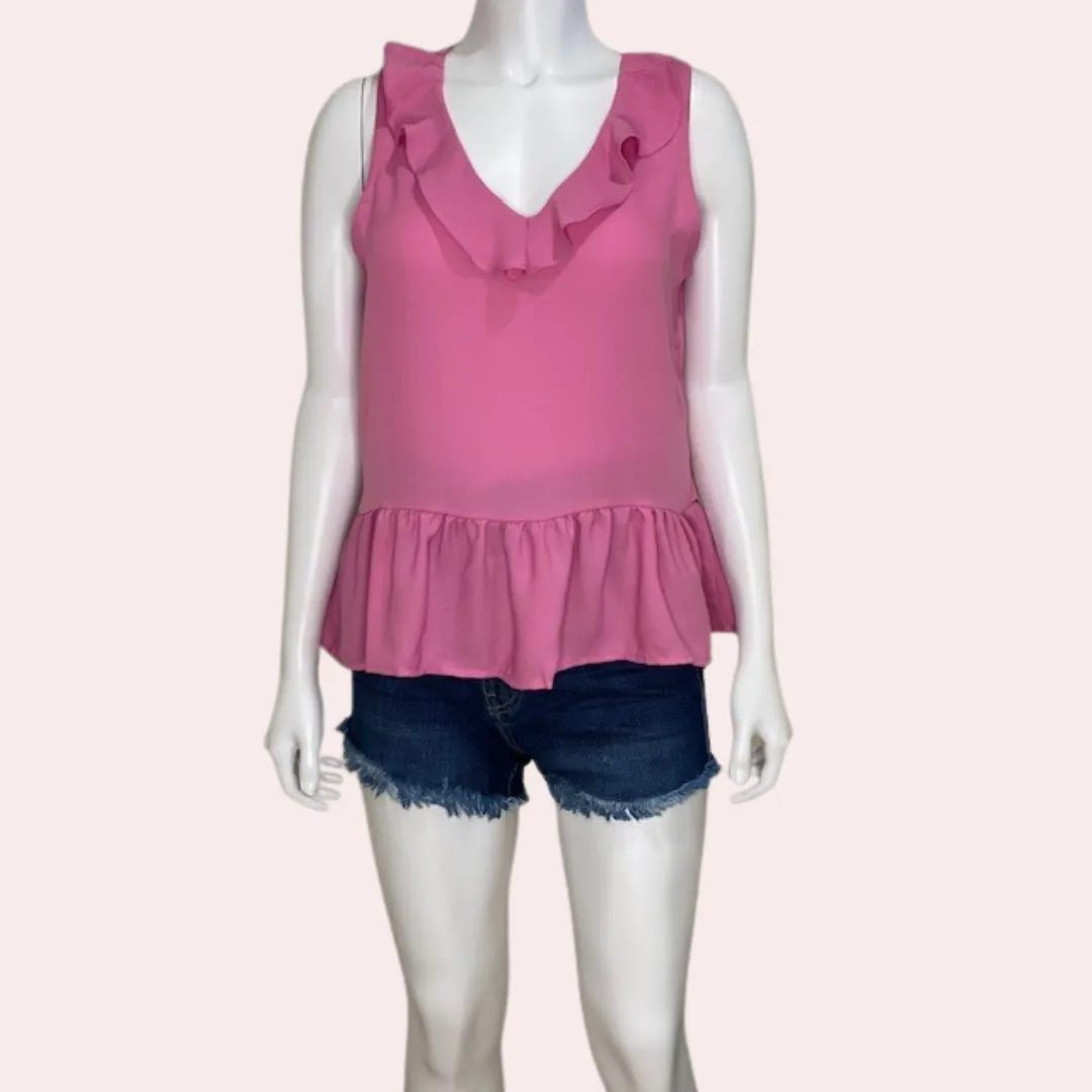 Pink top with ruffle hem and neckline