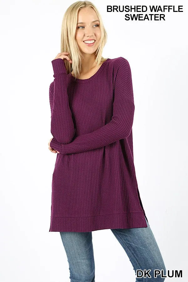 Plum V-Neck Waffle Top Long Sleeve