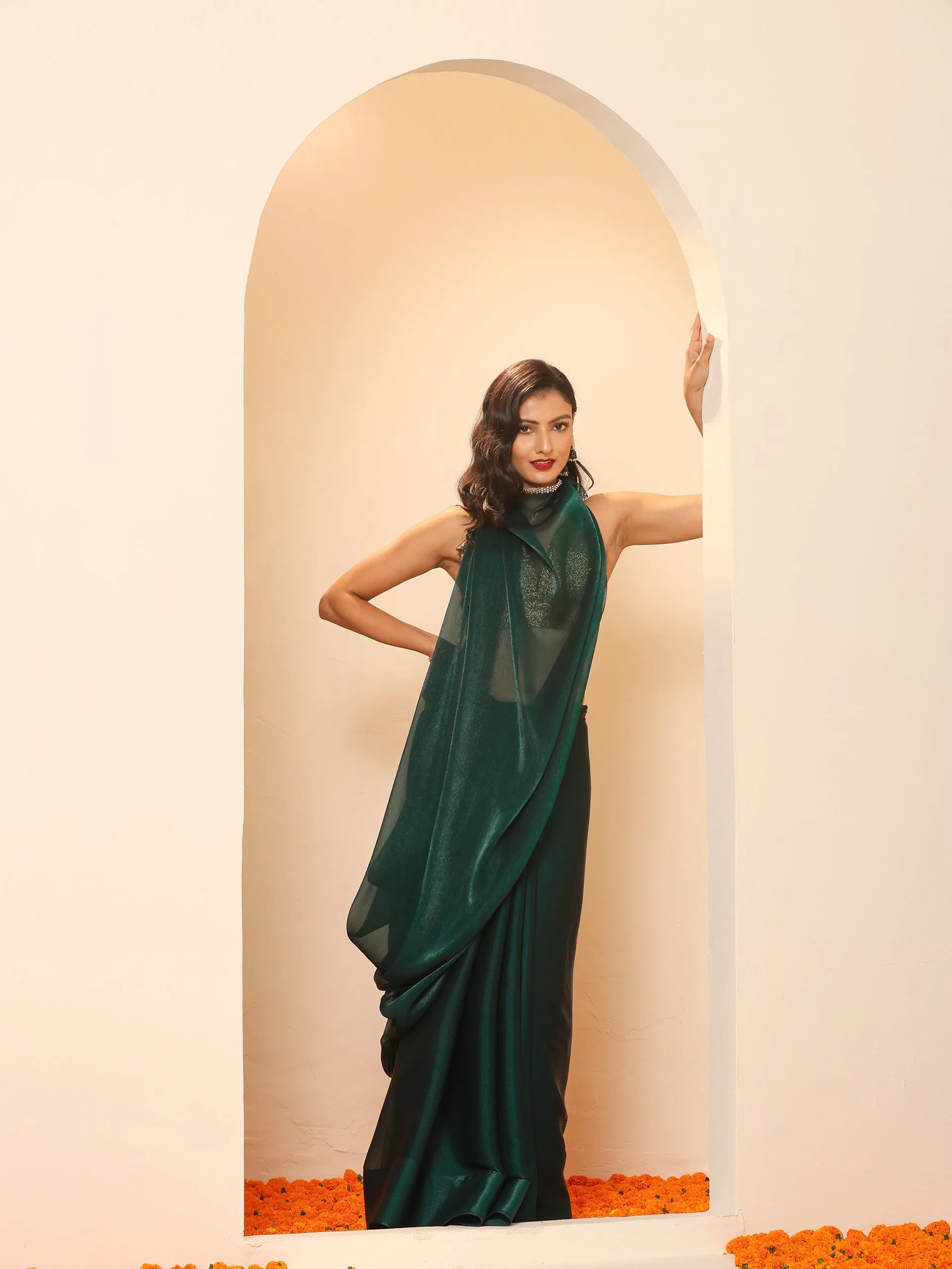 Primal Green Blue Shimmer Chiffon Dual Shade Saree