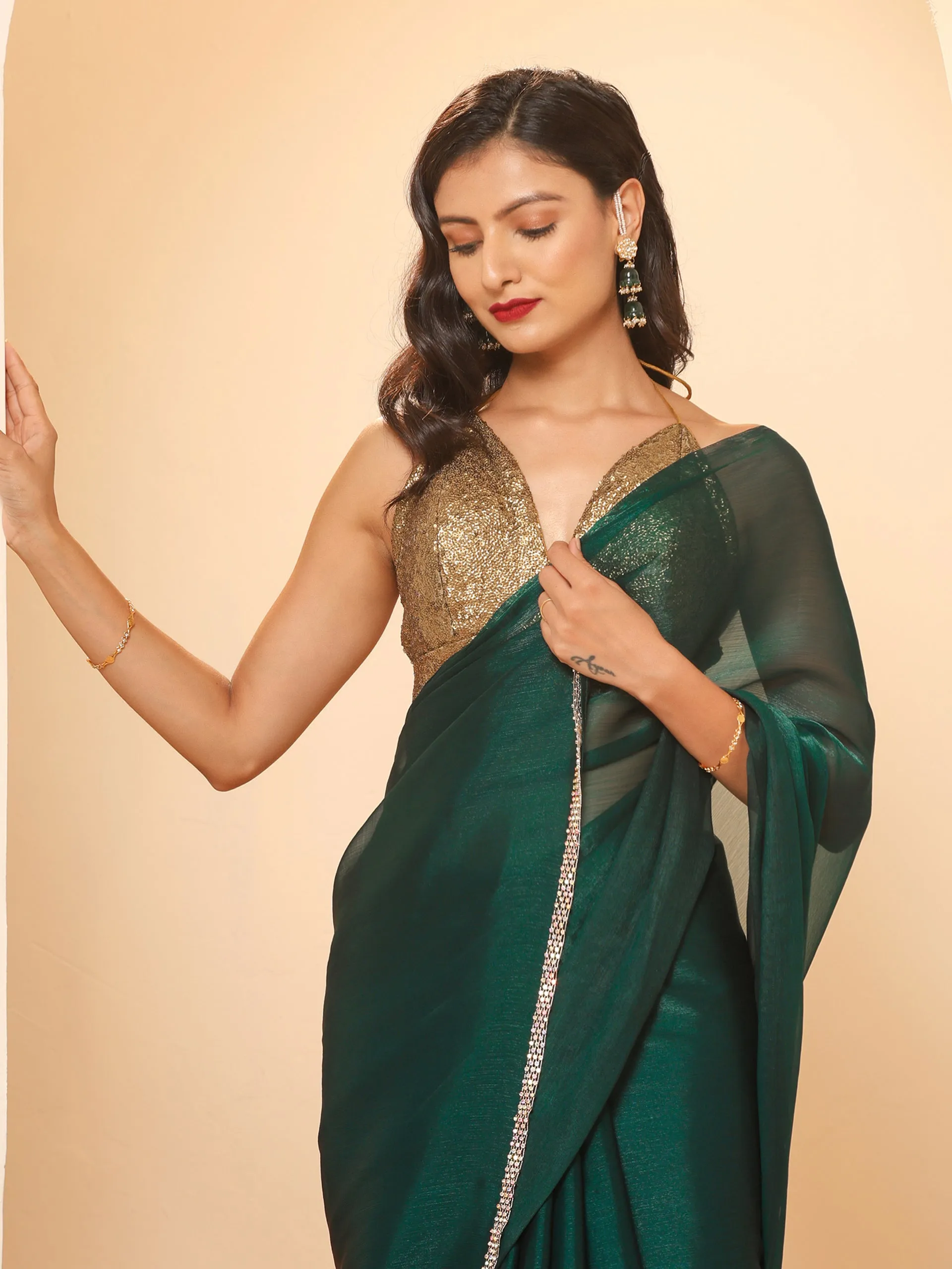 Primal Green Blue Shimmer Chiffon Dual Shade Saree
