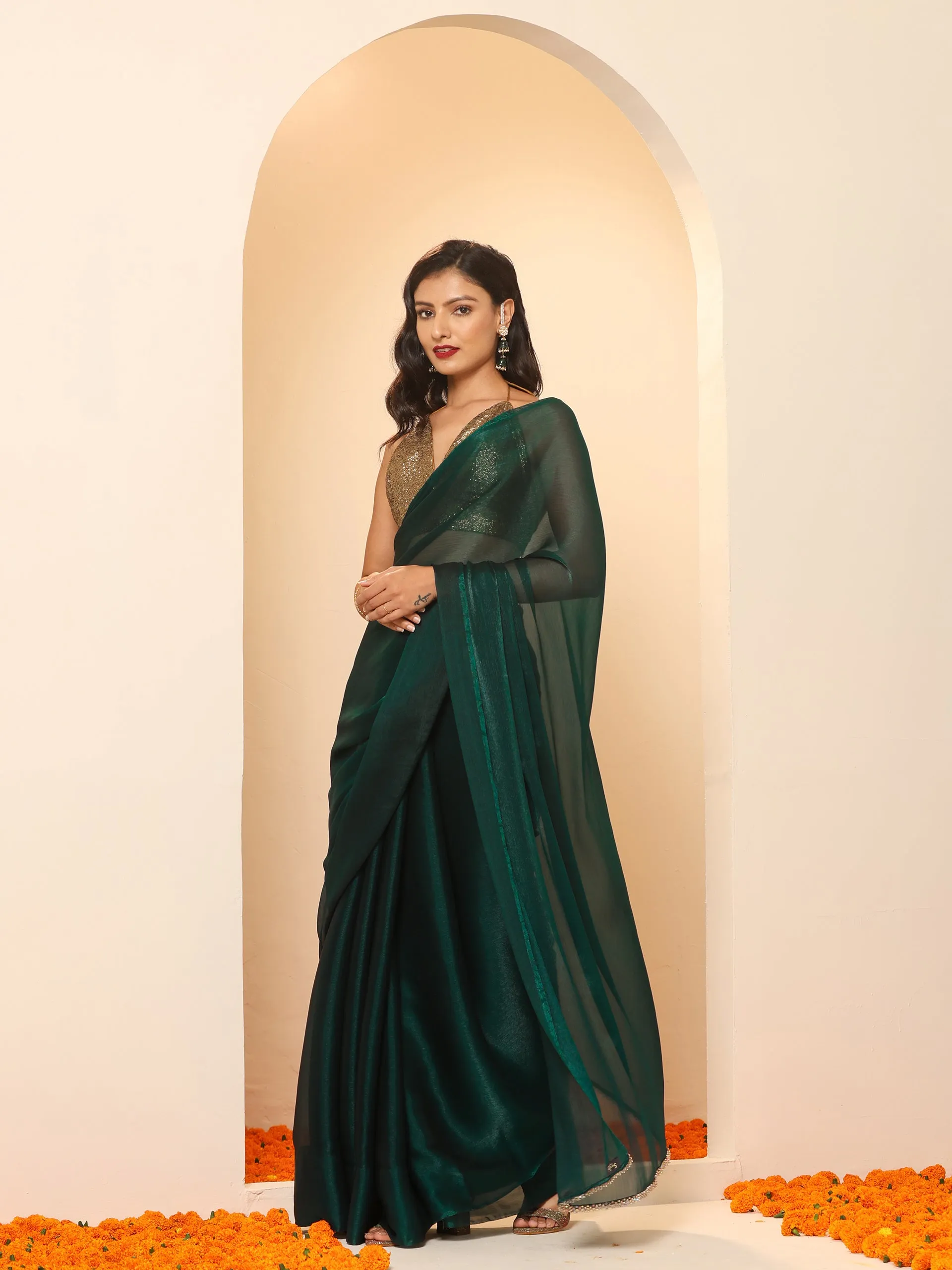 Primal Green Blue Shimmer Chiffon Dual Shade Saree