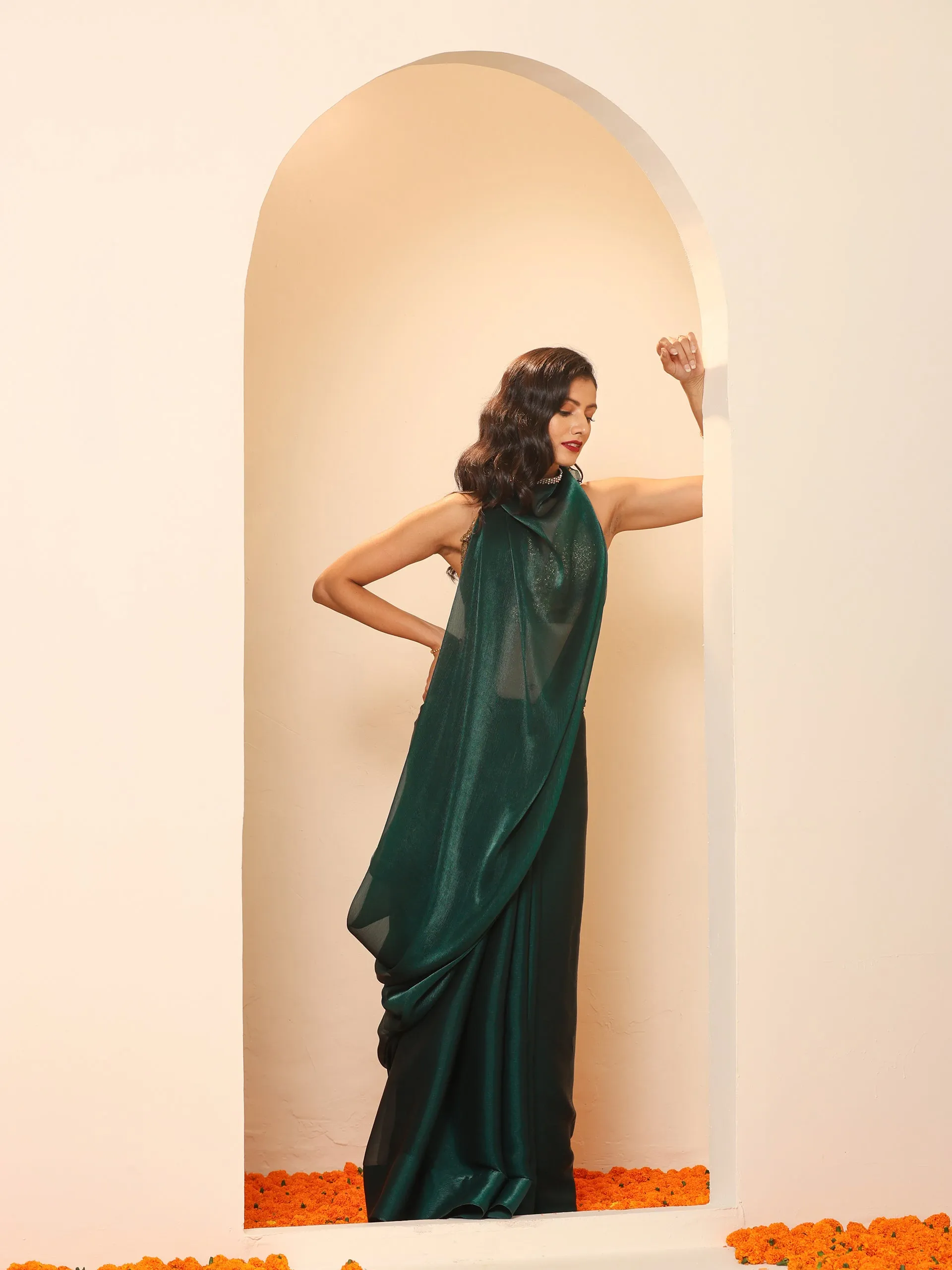 Primal Green Blue Shimmer Chiffon Dual Shade Saree