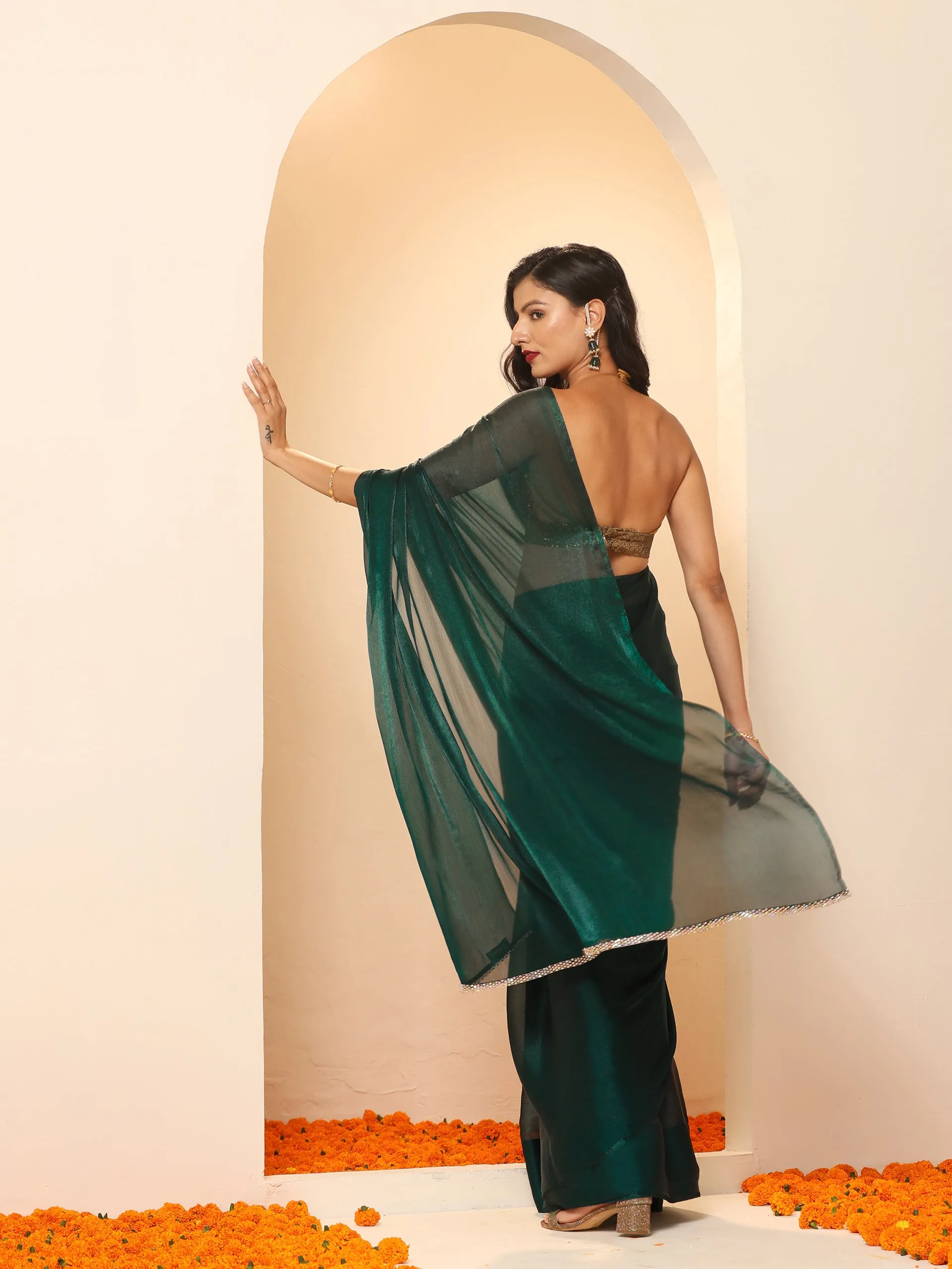 Primal Green Blue Shimmer Chiffon Dual Shade Saree
