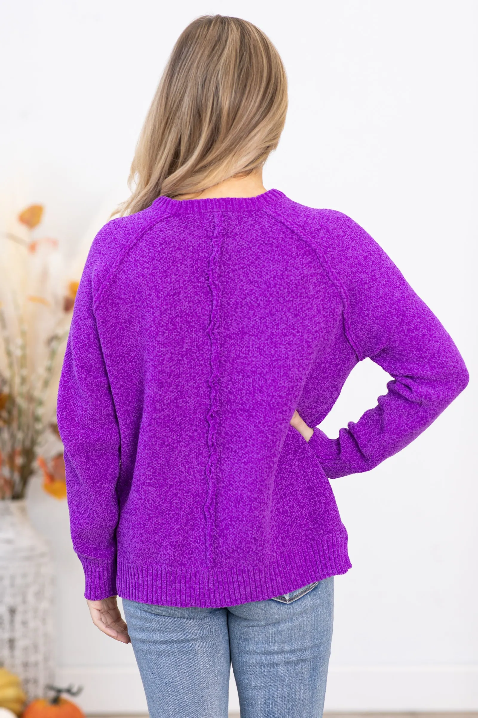 Purple Raglan Sleeve Chenille Sweater
