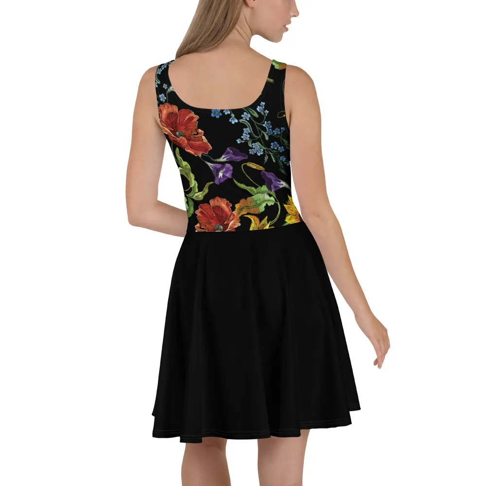 "Embroidered" Flowers on Black - Skater Dress