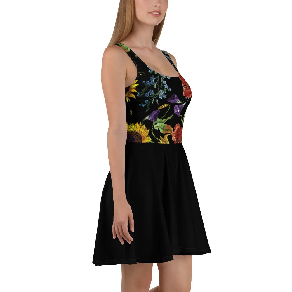 "Embroidered" Flowers on Black - Skater Dress