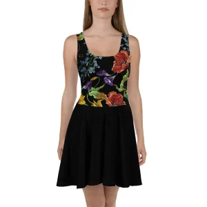 "Embroidered" Flowers on Black - Skater Dress