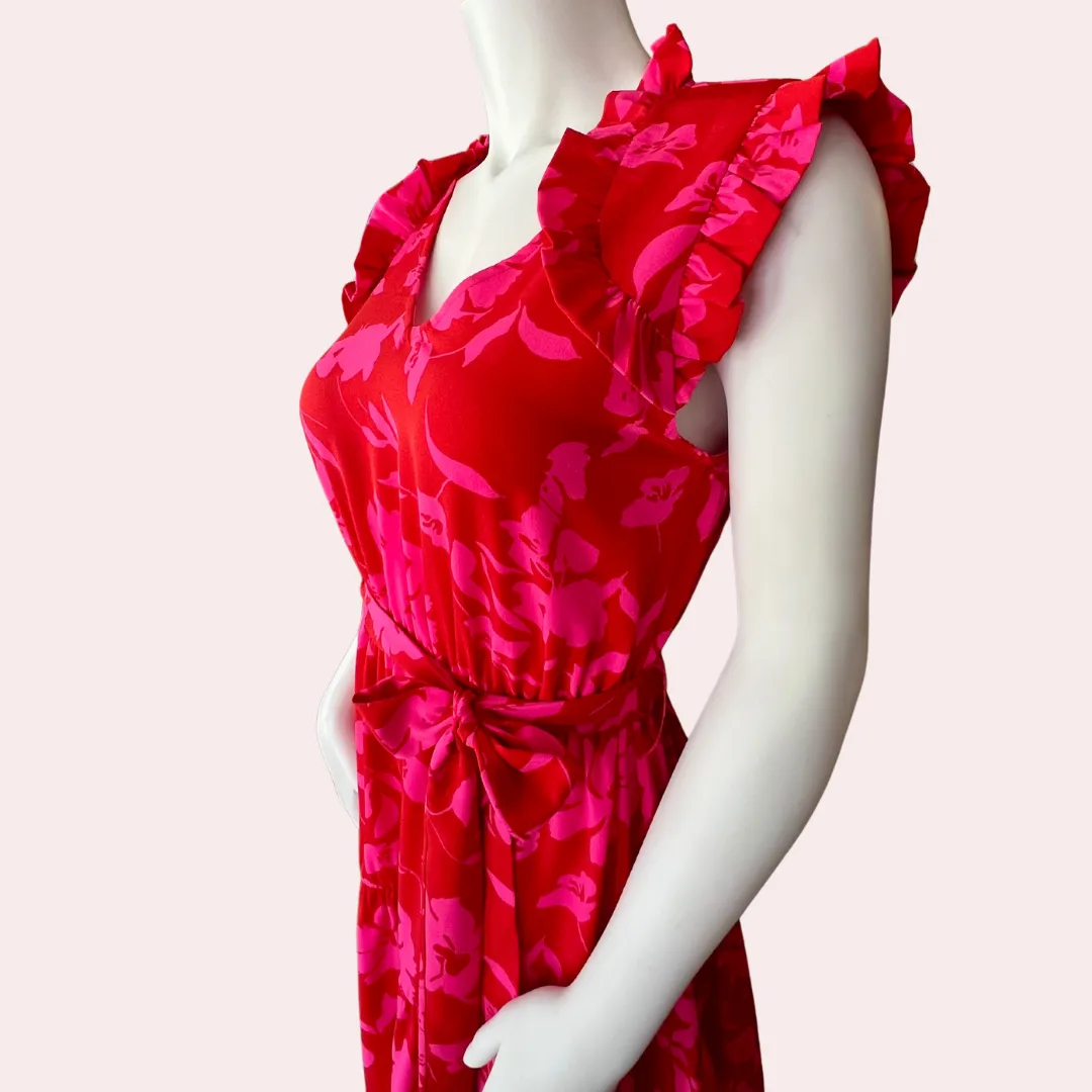 Red flower print dress with flutter sleeves