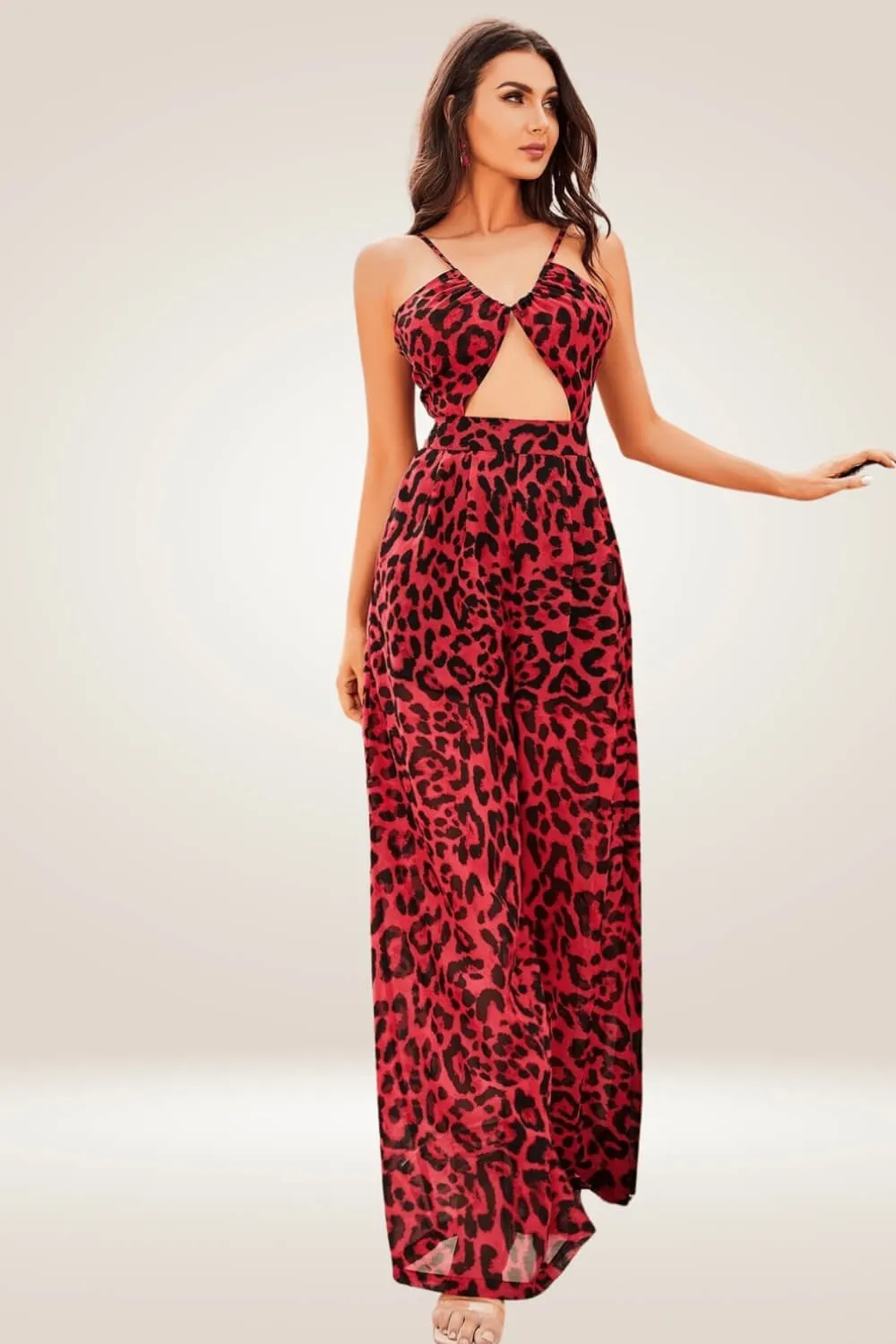 Red Leopard Print Cut out Wide leg Jumpsuit