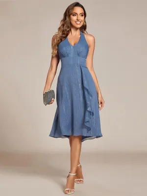 Robe d'invité de mariage dos nu sans manches avec nœud licou scintillant et col en V