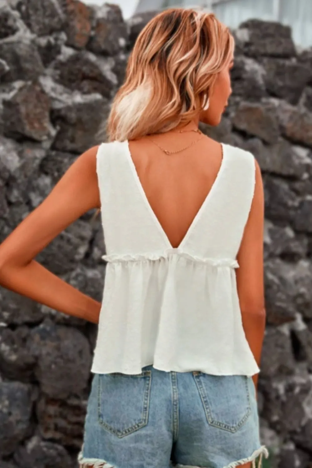 Ruffle Hem Sleeveless V Neck Blouse