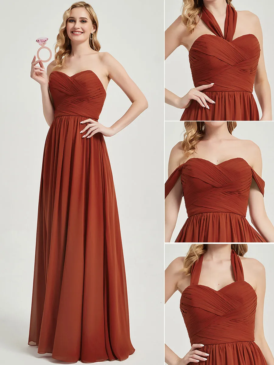 Rusty Red Pleated Convertible Maxi Chiffon Bridesmaid Dress